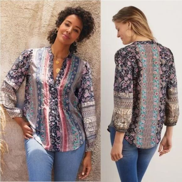 Soft Surroundings New! Silk Milarepa Puff Long Sleeve Floral Blouse Mixed Print - Picture 1 of 15